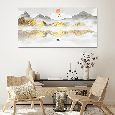 Golden mountains in the morning light Wall art on glass