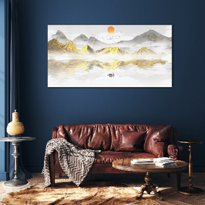 Golden mountains in the morning light Wall art on glass
