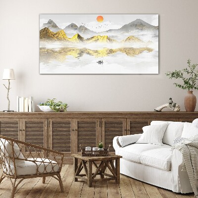 Golden mountains in the morning light Wall art on glass