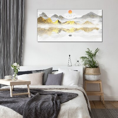 Golden mountains in the morning light Wall art on glass