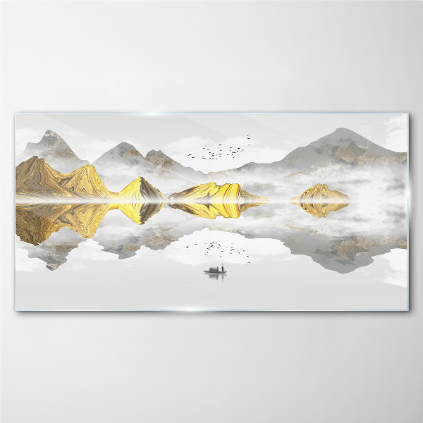 Golden mountains in mystical reflection Glass art print