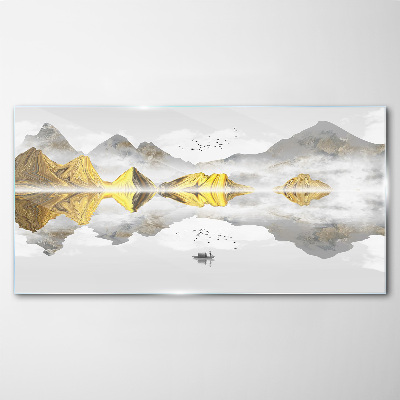 Golden mountains in mystical reflection Glass art print
