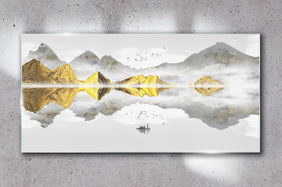 Golden mountains in mystical reflection Glass art print