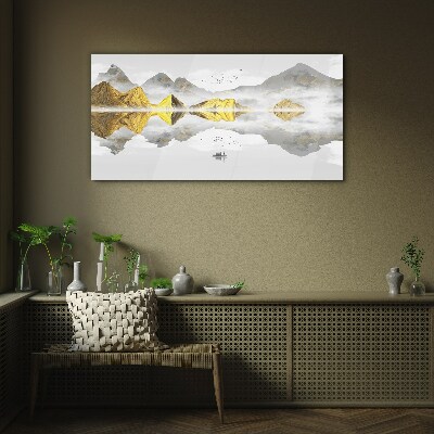 Golden mountains in mystical reflection Glass art print
