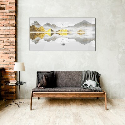 Golden mountains in mystical reflection Glass art print