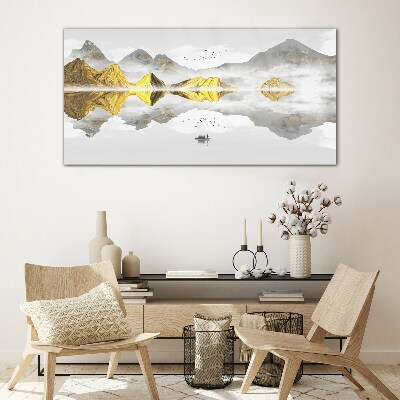 Golden mountains in mystical reflection Glass art print