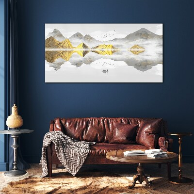 Golden mountains in mystical reflection Glass art print