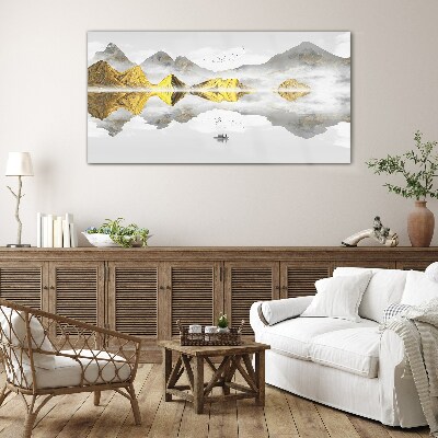 Golden mountains in mystical reflection Glass art print