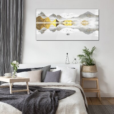 Golden mountains in mystical reflection Glass art print