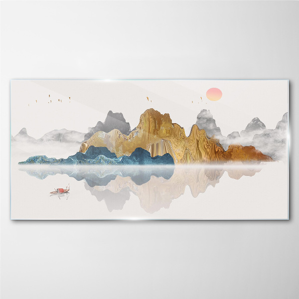 Peaceful mountain landscape with a boat Wall art on glass