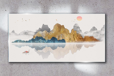 Peaceful mountain landscape with a boat Wall art on glass