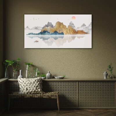 Peaceful mountain landscape with a boat Wall art on glass