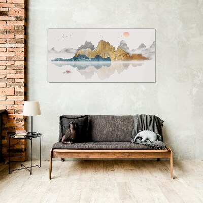 Peaceful mountain landscape with a boat Wall art on glass