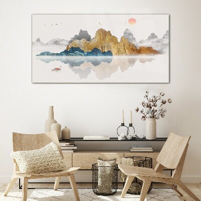 Peaceful mountain landscape with a boat Wall art on glass