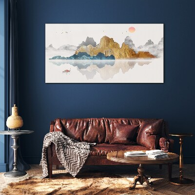 Peaceful mountain landscape with a boat Wall art on glass
