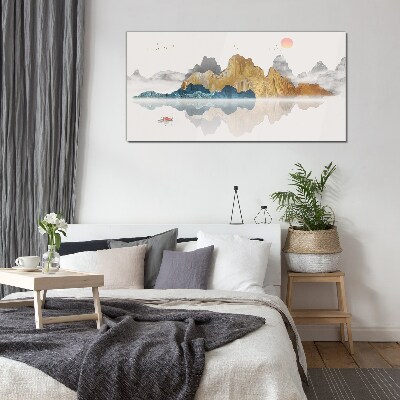Peaceful mountain landscape with a boat Wall art on glass
