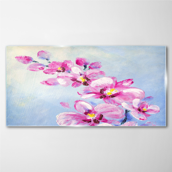 Pink orchids on a blue background Wall art on glass
