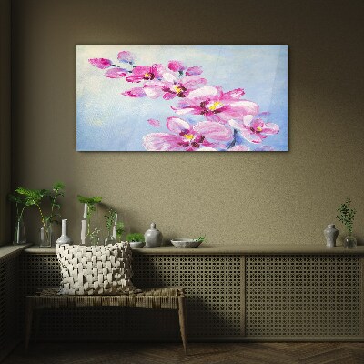 Pink orchids on a blue background Wall art on glass