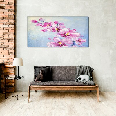 Pink orchids on a blue background Wall art on glass