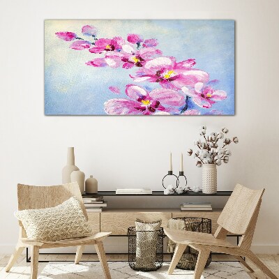 Pink orchids on a blue background Wall art on glass