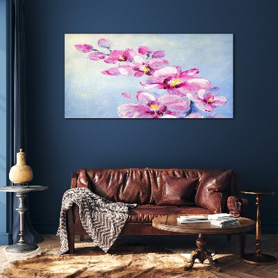 Pink orchids on a blue background Wall art on glass