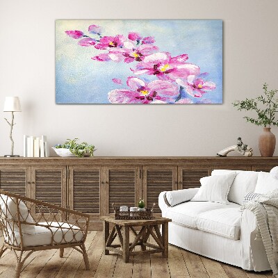 Pink orchids on a blue background Wall art on glass