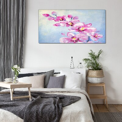 Pink orchids on a blue background Wall art on glass