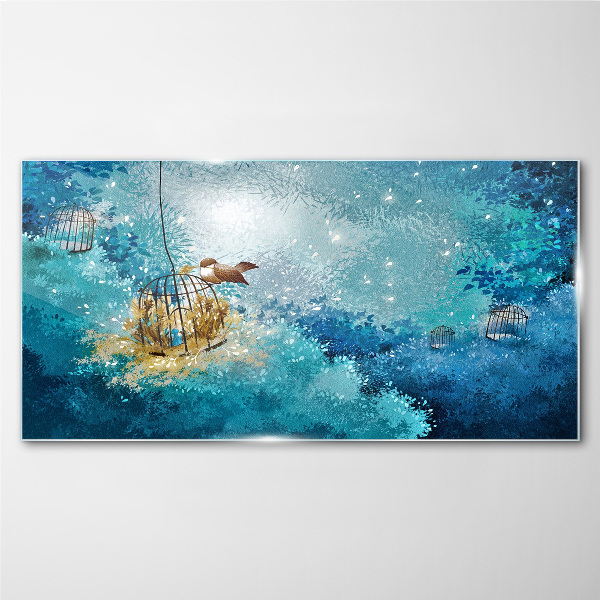 A caged bird against the sky Glass art print
