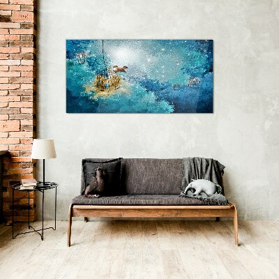 A caged bird against the sky Glass art print