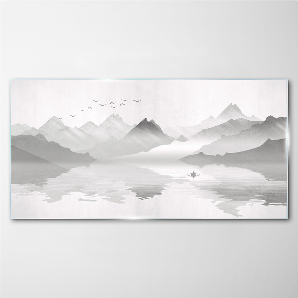 A peaceful mountain landscape in monochrome Wall art on glass