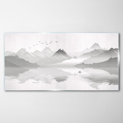 A peaceful mountain landscape in monochrome Wall art on glass