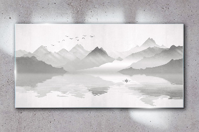 A peaceful mountain landscape in monochrome Wall art on glass