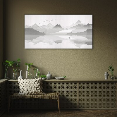 A peaceful mountain landscape in monochrome Wall art on glass