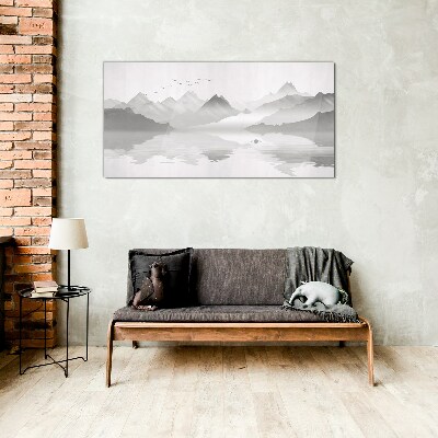 A peaceful mountain landscape in monochrome Wall art on glass