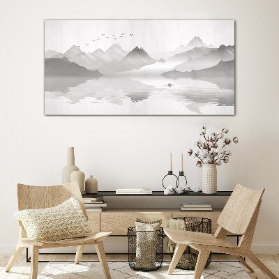 A peaceful mountain landscape in monochrome Wall art on glass