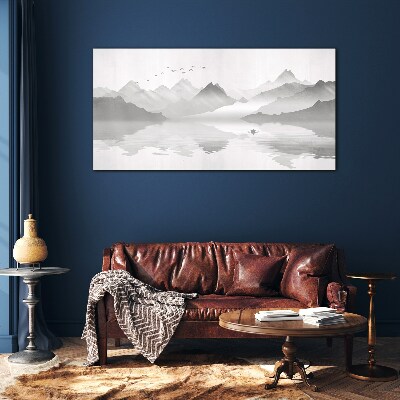 A peaceful mountain landscape in monochrome Wall art on glass