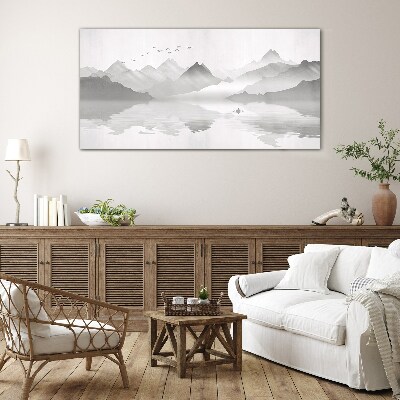 A peaceful mountain landscape in monochrome Wall art on glass