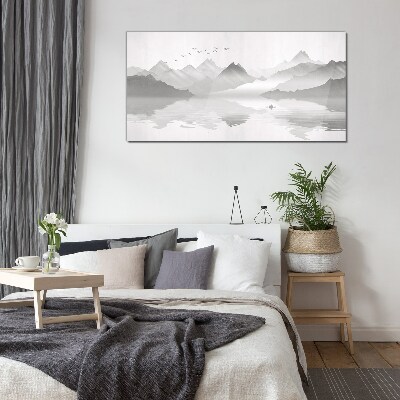 A peaceful mountain landscape in monochrome Wall art on glass