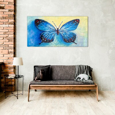 Blue butterfly on abstract background Wall art on glass