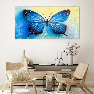 Blue butterfly on abstract background Wall art on glass