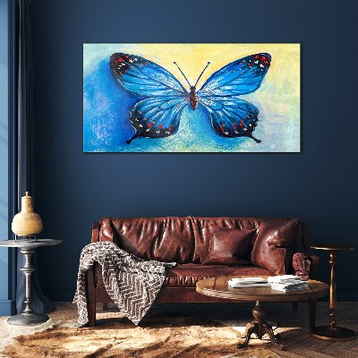 Blue butterfly on abstract background Wall art on glass