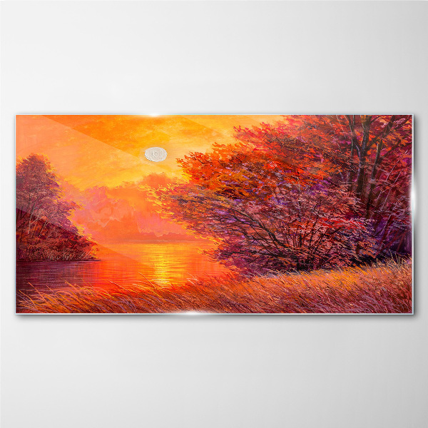 Golden hour at the lake Wall art on glass