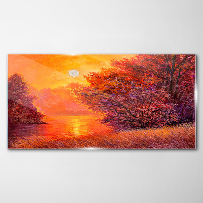 Golden hour at the lake Wall art on glass