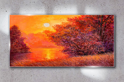Sun forest river landscape Glass Wall Art