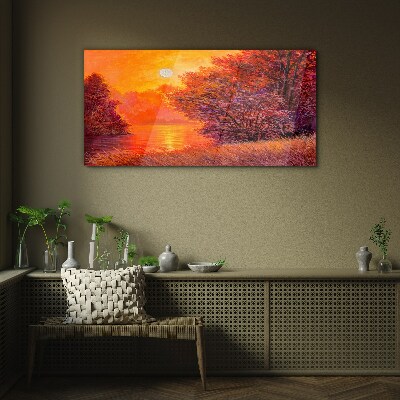 Golden hour at the lake Wall art on glass