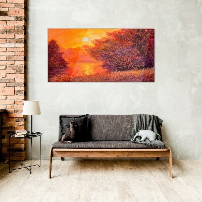 Golden hour at the lake Wall art on glass