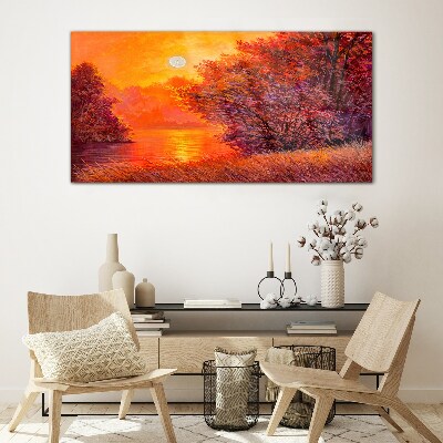 Golden hour at the lake Wall art on glass