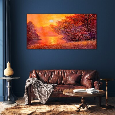 Golden hour at the lake Wall art on glass