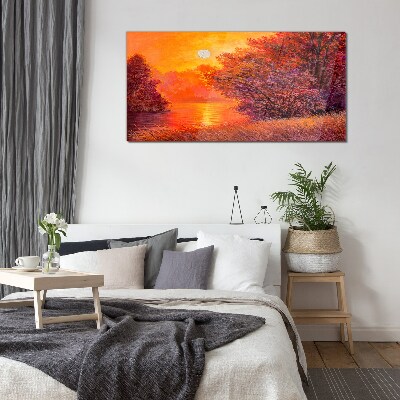 Golden hour at the lake Wall art on glass