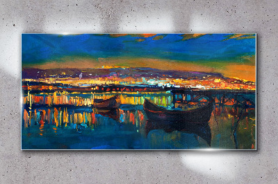 The bay in the glow of sunset Glass art print